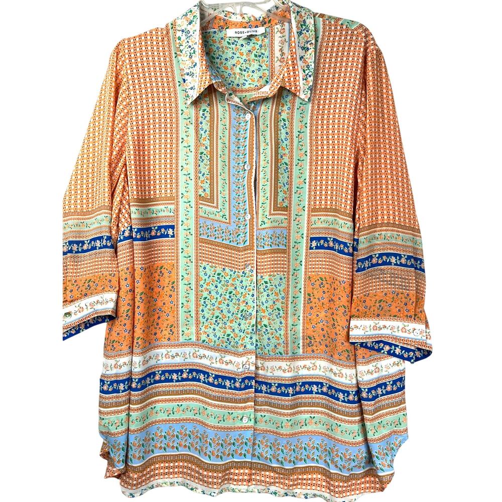 Rose + Olive calico patchwork print 3/4 length sleeve blouse, size 2X